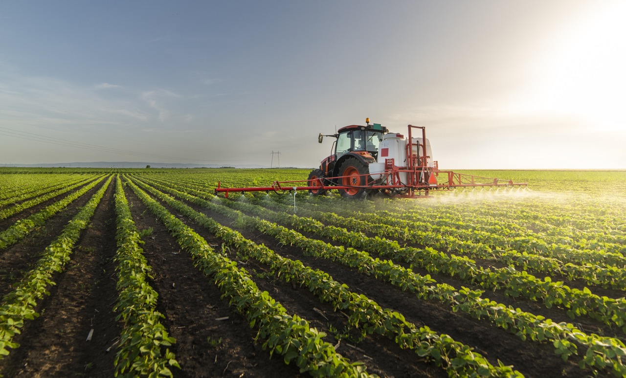 Tractor spraying soy field in sunset.