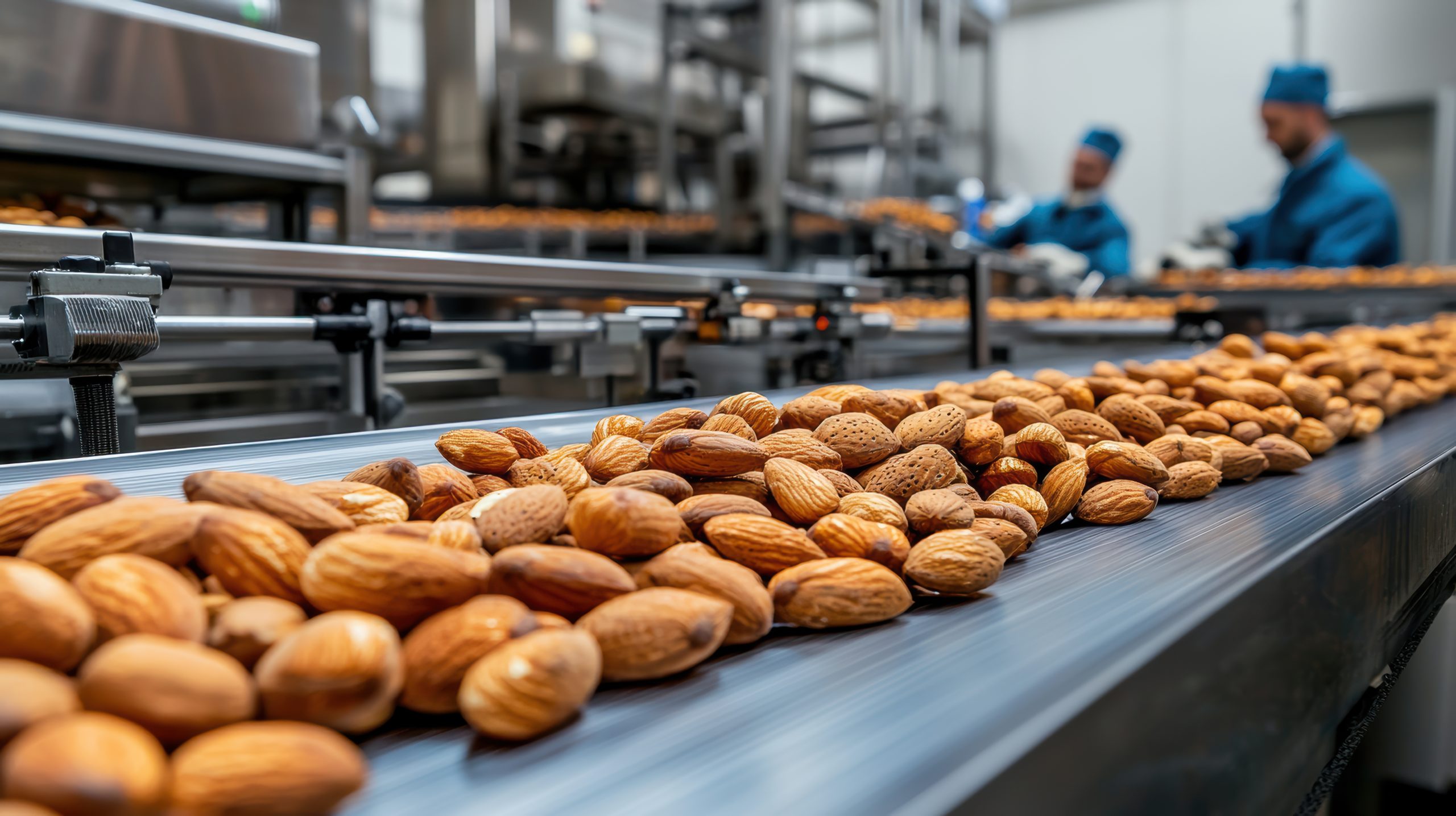 Almonds on Conveyor Belt in a Modern Factory Setting with Workers in Blue Uniforms Processing Nuts