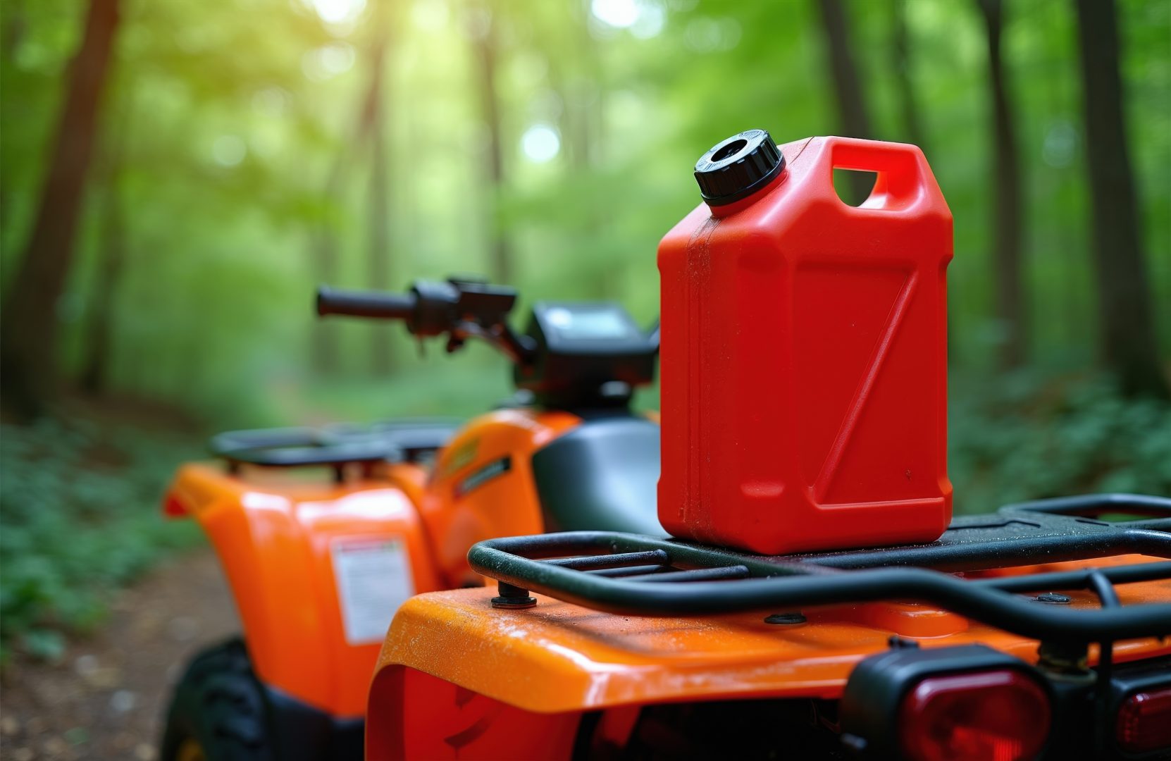 Bright red plastic fuel container sits on orange offroad quad bike metal rack inside forest nature park. ATV ready for adventure on dirt trail. Vehicle transport equipment for long extreme travel